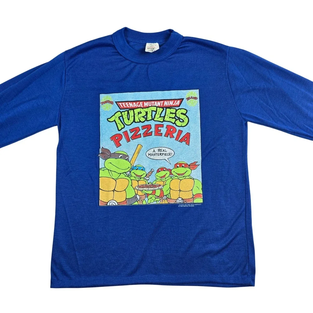Vintage 1988 Wormser TMNT Pizzeria Pajama Shirt Kids M 12-14 Blue Teenage Mutant